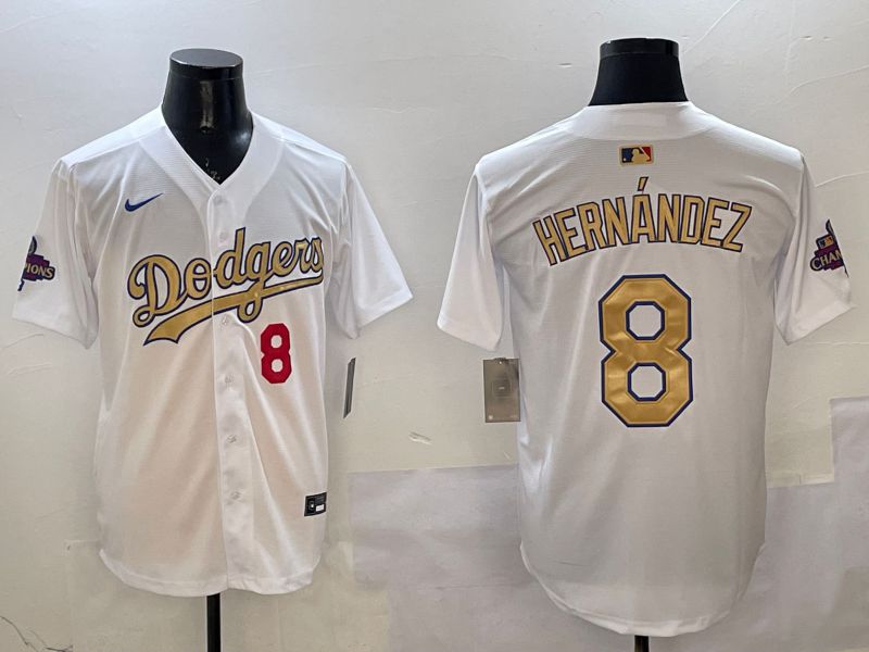 Men Los Angeles Dodgers #8 Hernandez White Champion gold character 2025 Nike MLB Jersey style 12->los angeles dodgers->MLB Jersey